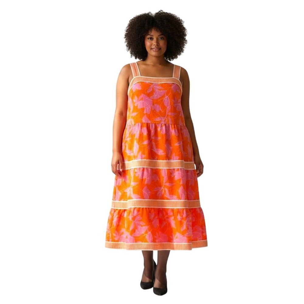 Isaac Mizrahi Live Orange Pink Floral Tiered Maxi Dress Plus Size 30W Summer
